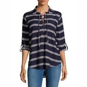 Beachlunchlounge Navy Striped Lace-Up Collared Top